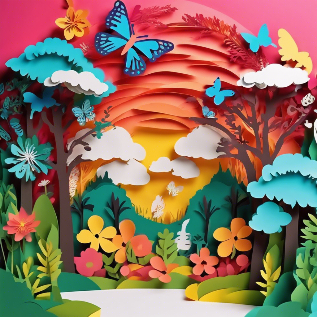 Papercut colorful nature with park and flower beauty butterfly