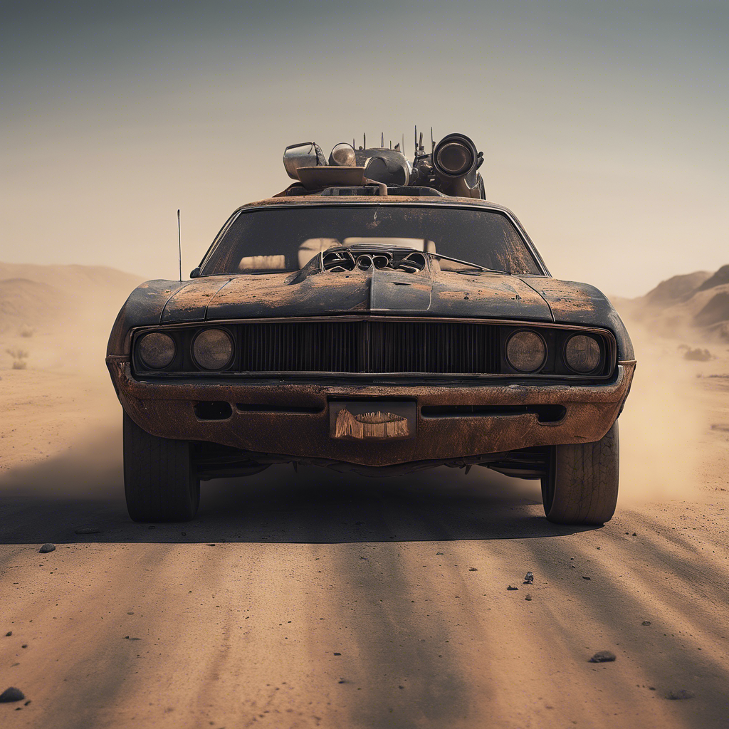 cinematic, filmic image 4k, 8k with [George Miller's Mad Max style]. The image should be captured in a [wide-angle view] and depict [single] a [post-apocalyptic] V8 [muscle car]. The car's paint is a [black] covered in a spots of [rust] and thin layer of smooth [dust] and [dirt], making it appear [rugged] and [gritty] but with visible [black color]The car's body should be [sleek] and [aerodynamic], giving it a [low] and [aggressive] stance that conveys [power] and [speed]. The front of the car should feature a [distinctive] front nose cone with [rectangular lights] that adds to its [intimidating] appearance. The car's wheels should be [large] and [sturdy], with [thick] tires that can handle the [rough] terrain of the [post-apocalyptic] wasteland. The rims should be made of [durable] metal with a [unique design] that showcases the car's [individuality].In addition, the car should have [eight exhaust side pipes]. The car should also feature a Weiand 6-71 [supercharger] mounted on the hood, protruding through th