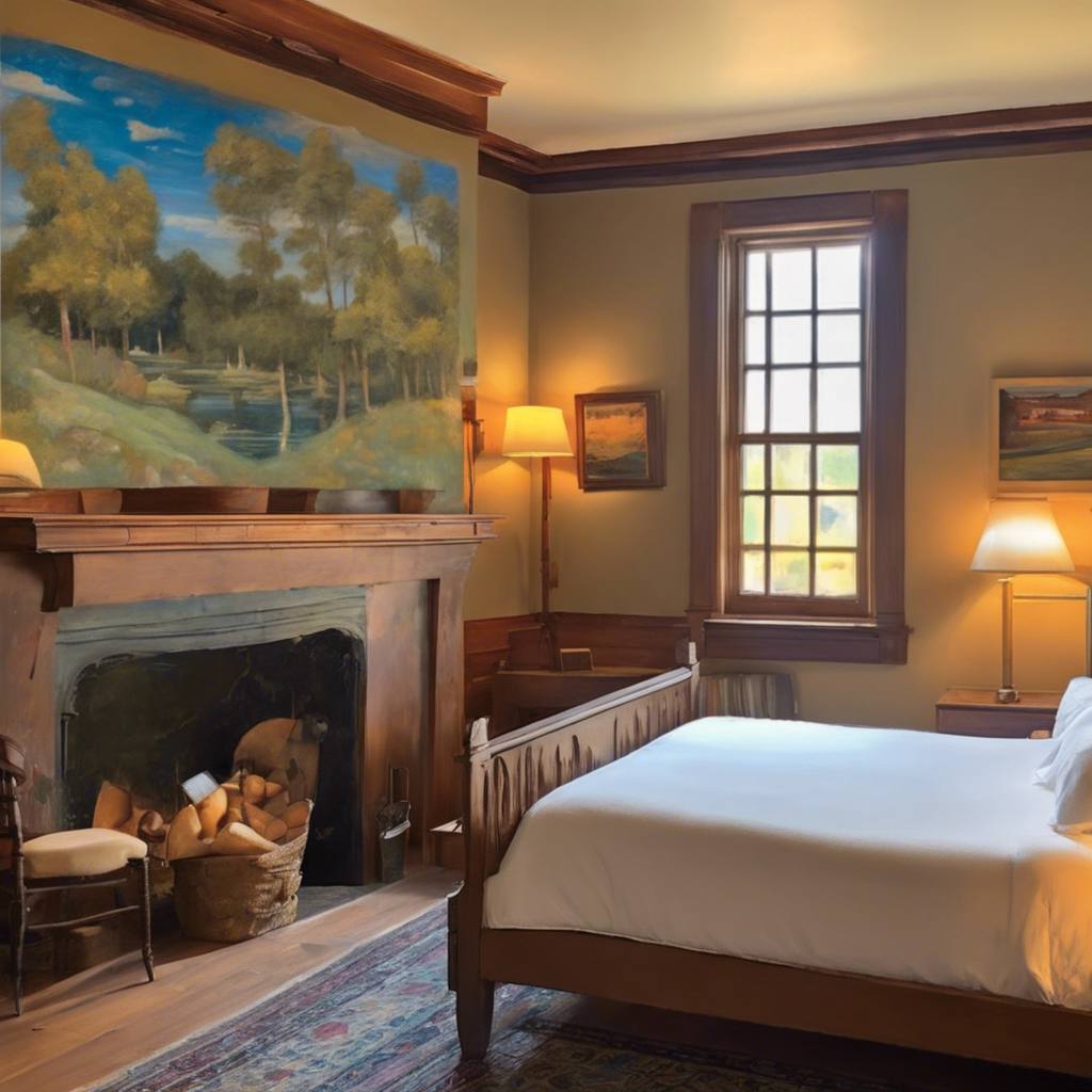 The inn is decorated with gorgeous contemporary art murals. Serene wooden furnishings. Oil painting style by William Waterhouse.
