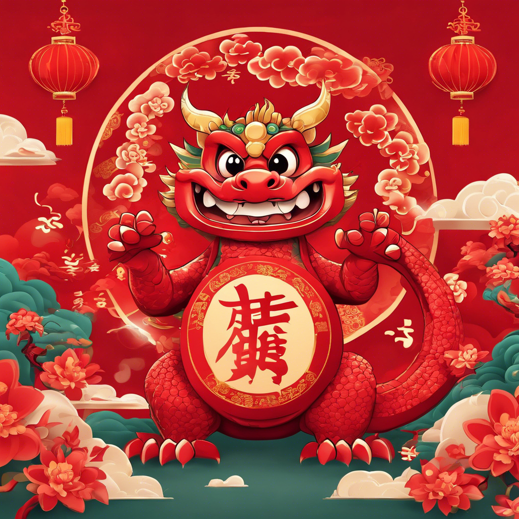 Illustration of an adorable cartoon dragon offering New Year greetings in the style of "Ne Zha Zhi Mo Tong Jiang Shi" animation, vibrant red background symbolizing prosperity and joy, featuring the dragon amidst traditional Chinese New Year festive elements like lanterns, fireworks, and red envelopes. The dragon's playful and energetic demeanor captures the essence of celebration, embodying the spirit of the Spring Festival with a modern animated twist