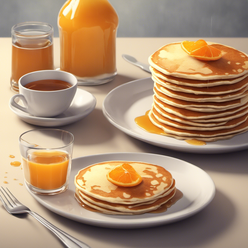 A delicious breakfast of fluffy pancakes stacked high on a plate, drizzled with golden maple syrup and topped with a melting pat of butter, served with a glass of orange juice and a fork and knife, realistic 3D animation
