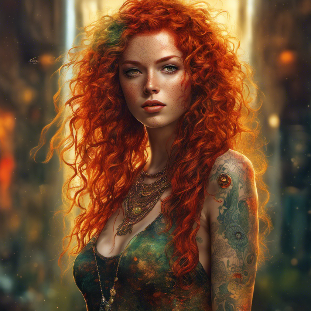 Photorealistic, Beautiful young lady, red curly ultra realistic hair, some freckles, red yellow and orange green color, ultra realistic female looking at the camera lens, full body image, tattoos, exquisite jewelry, black glowing background, by Ralph Steadma and Karol Bak