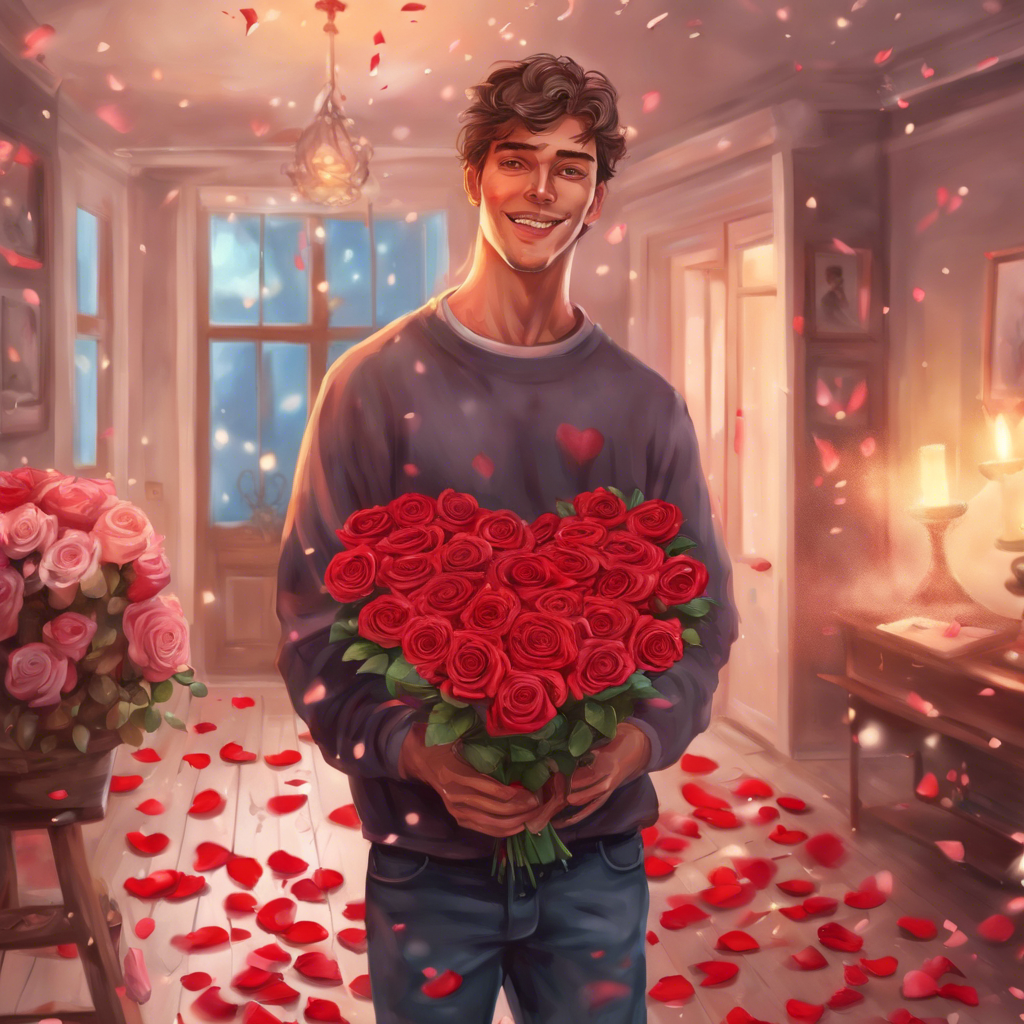 masterpiece, a young man holds a beautiful bouquet of roses in his hands, he stands in front of his wife, she is happy, a Valentine's gift, everything is very romantic, candles are burning in the room and there are hearts and rose petals on the floor, very detailed