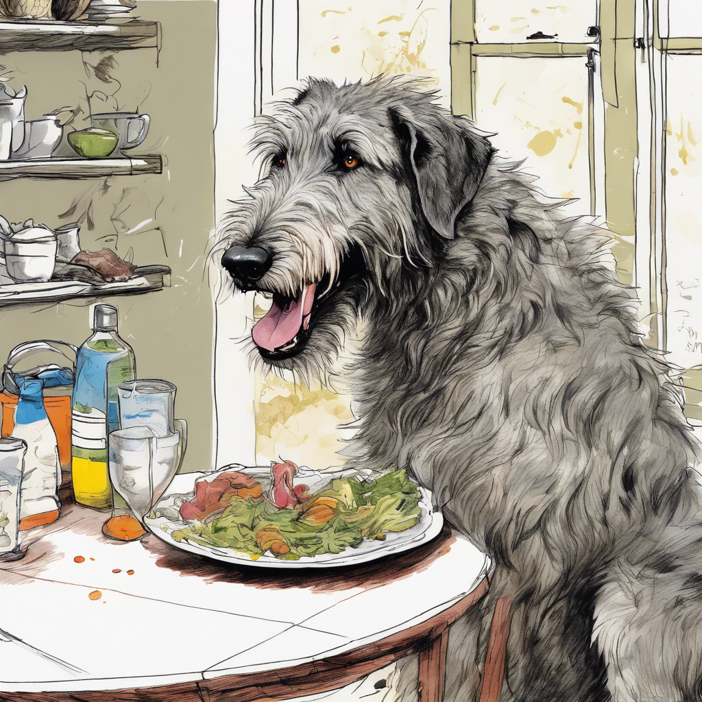 A mischievous Irish Wolfhound, its large grey scruffy fur tousled and unkempt, caught in the act of playfully stealing food from the table in the kitchen, its tongue lolling out in excitement at the prospect of a tasty treat, The scene is portrayed in a coloured pen and ink sketch, capturing the dog's playful antics with lively strokes and vibrant colour