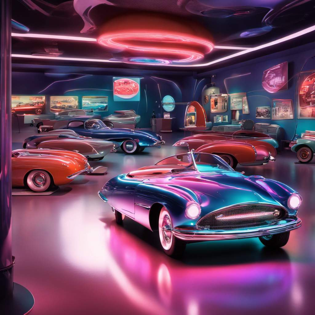 A dramatic and vibrant scene showing a vintage sports car from the 1950s, brilliantly restored and gleaming under bright lights. This car, with its distinct curves and shiny chrome accents, is showcased in the center of a high-tech, neon-lit showroom. Surrounding it are advanced holographic displays projecting historical information and futuristic designs, emphasizing the fusion of past elegance and future innovation. The atmosphere is dynamic, with reflections and colorful lighting adding to the overall impact.