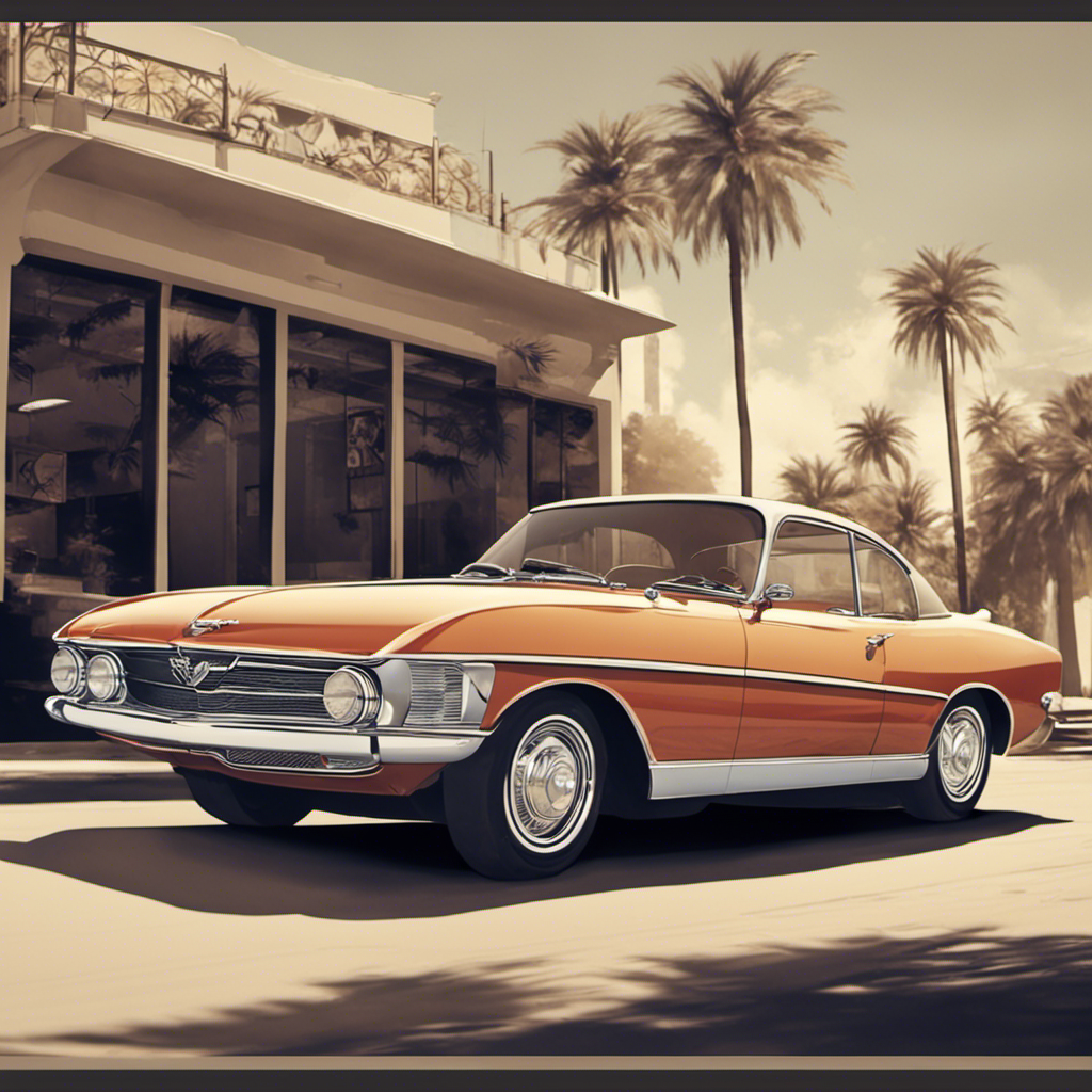 Generate an image of a classic retro car that has been restored with modern elements. The car should have an elegant and stylish appearance that highlights its historical value, while also incorporating modern technological advancements such as LED lights, modern wheels, or a digital dashboard display. The background should be sophisticated and emphasize the contrast between old and new, such as the car being parked in front of a historic building with modern elements in its architecture.