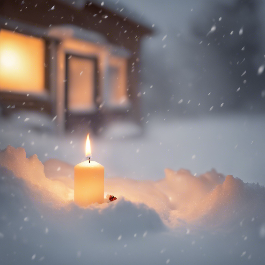 Blizzard. There is a burning candle in a snowdrift