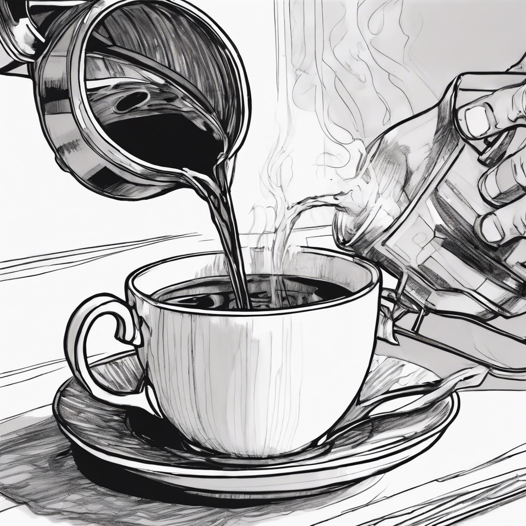 An overhead close-up black and white comic panel of a hand holding a coffee pour-over kettle, pouring coffee into a mug. The single-line pencil drawing captures the elegance and precision of the pour, emphasizing the dynamic flow of coffee. Created Using: black and white palette, single-line art, pencil sketch technique, comic book detailing, close-up of pouring action, detailed texture of hand and kettle, dynamic coffee flow, minimalist yet detailed, cinematic framing --ar 9:16 --stylize 750 --v 6