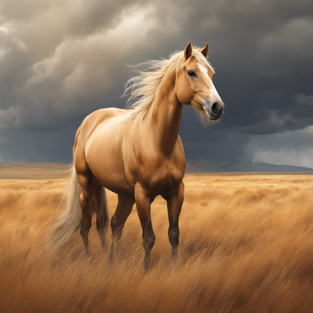 A majestic Palomino Mustang Wildhorse in prairie, autumn, thunderstorm