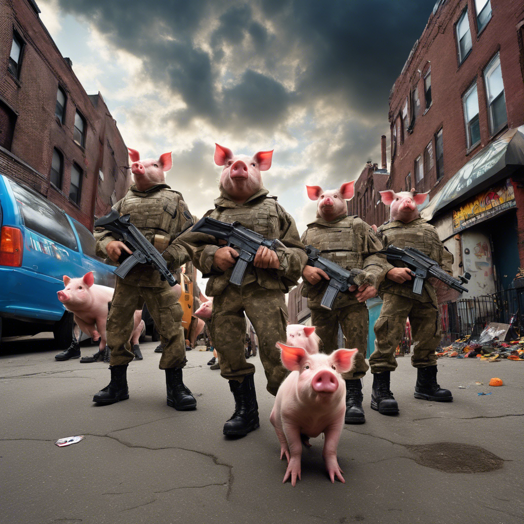 realistic photograph, wide angle photo of a ghetto in New York, outside of a discotheque , an army of 5 humanoid pigs dressed in army outfits with black boots , they are all holding colourful Nerf guns , extremely detailed including accurate fur and hair, the sky is grey with dramatic clouds , soft low light hits the scene and subject from behind at a light angle, there are dramatic dark storm clouds in the sky , atmospheric, in the style of Peter Howson Age of Apathy, completely focused, depth of field, hyper realistic, super resolution, ultra detailed, --ar 4:3 --style raw --stylize 750 --v 6