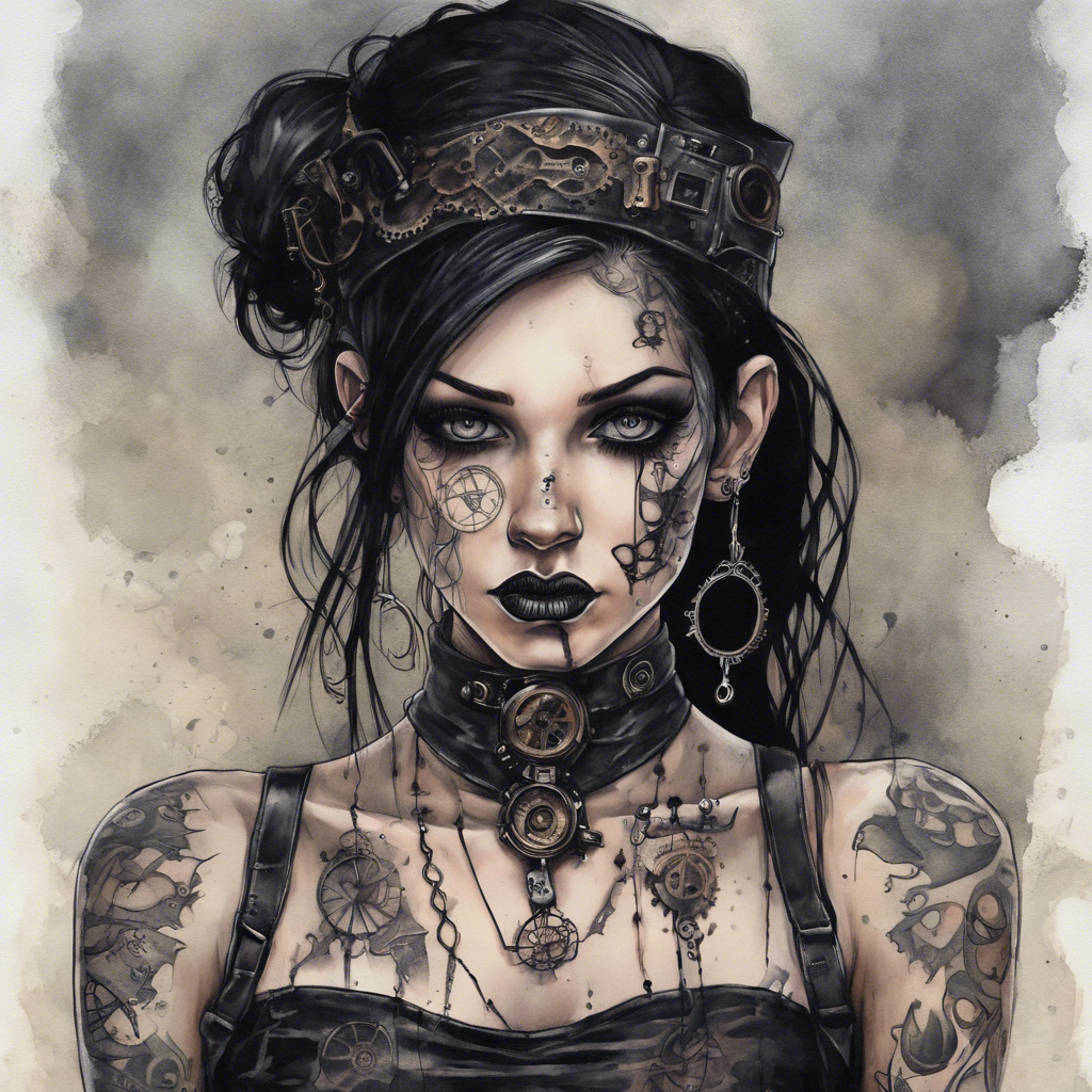 Create an image of a goth girl with tattoos and piercings, featuring dark hair and visible tears. She should exhibit a mix of sadness and beauty against a soft, watercolor background that incorporates elements of steampunk. The artwork should capture the intricate details of her tattoos and piercings, while also conveying a sense of emotion through her expression and the ambient steampunk elements, all presented in a watercolor style.