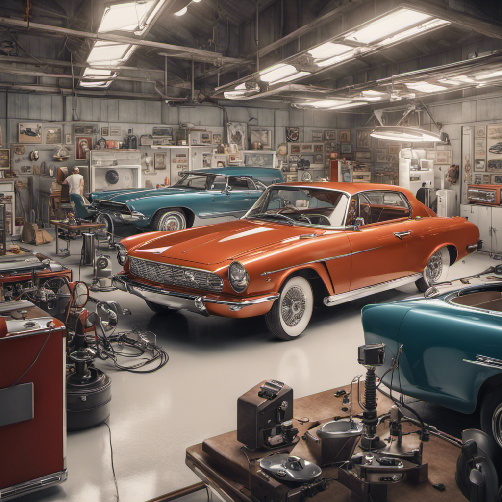 A scene depicting a blend of retro and modern automotive themes. In the foreground, a classic car from the 1960s, meticulously restored, with glossy paint and chrome details, sits in a well-lit garage. The car is surrounded by modern technology, like advanced diagnostic equipment, sleek digital displays showing the car's performance metrics, and robotic arms performing maintenance. The background features a large window showing a cityscape with futuristic skyscrapers, blending the past and future in a harmonious way.