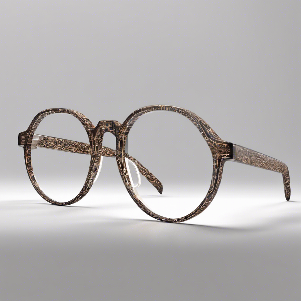 minimalistic modern eyeglasses with clear plain glass and an eco-friendly frame that features patterns inspired by ancient Persian literature, realistic ultra-realistic, ultra-detailed, elegant, perfection, shimmering, HDR, 8k resolution