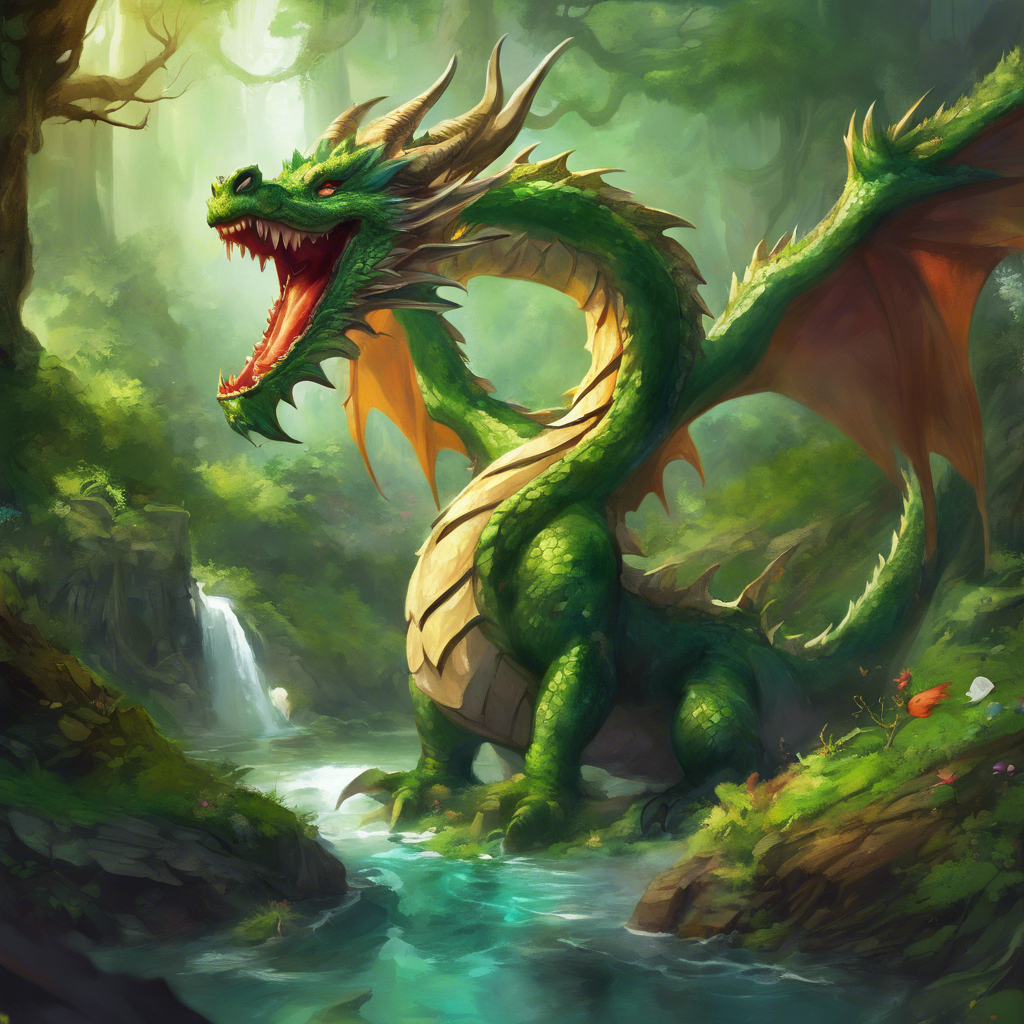 A magnificent dragon in a dynamic pose, with its mouth wide open, revealing a vibrant scene of life within. Inside the dragon's mouth, there's a miniature world bustling with activity. This world features a lush green forest, a sparkling river meandering through it, and diverse wildlife thriving. The forest is alive with various animals, birds fluttering in the sky, and fish swimming in the river. The scene symbolizes a paradox of danger and life, with the dragon's fearsome mouth encasing a serene and thriving ecosystem.